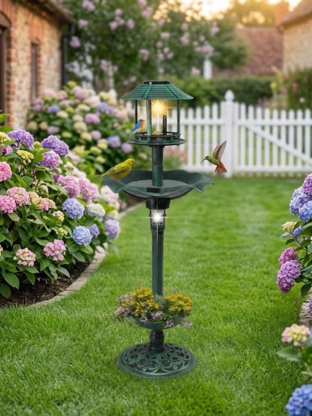 Green Outdoor Solar Bird Bath and Feeder Stand